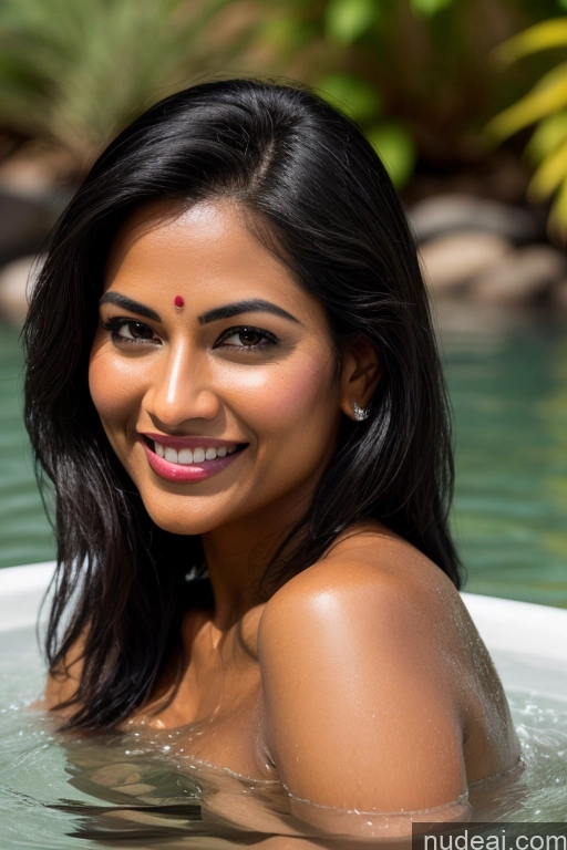 ai nude image of smiling woman in a hot tub with a smile on her face pics of Model One Fairer Skin Dark Skin Happy Seductive Sexy Face Black Hair Straight Indian Lake Sari Satin Bathing 30s