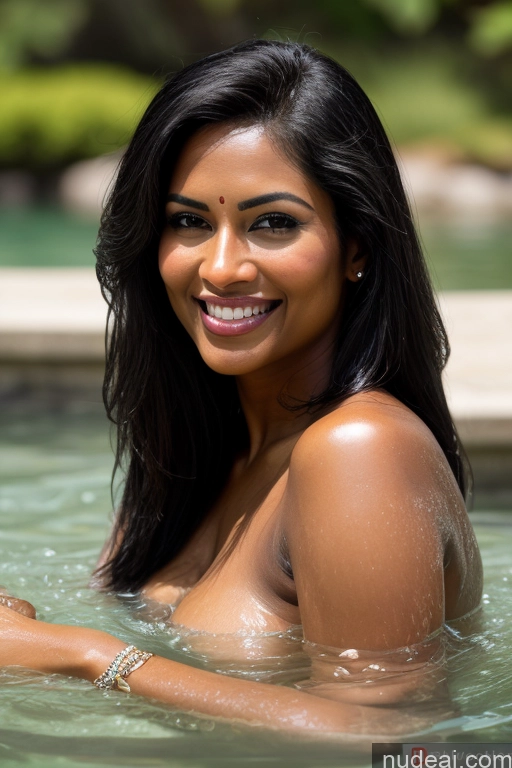 ai nude image of smiling woman in a pool with a smile on her face pics of Model One Fairer Skin Dark Skin Happy Seductive Sexy Face Black Hair Straight Indian Lake Sari Satin Bathing 30s