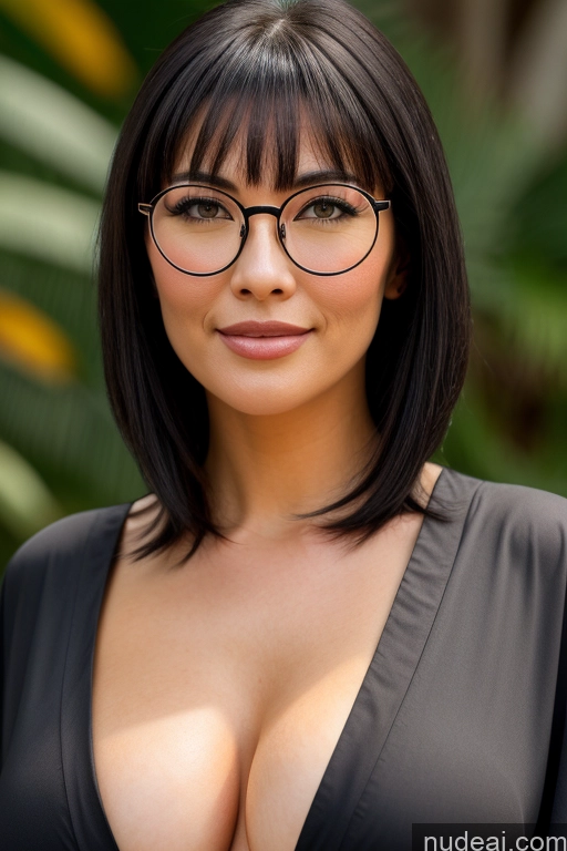 ai nude image of arafed woman with glasses and a black top posing for a picture pics of Kimono Thin Round Glasses Bangs Perfect Boobs Topless Black Hair