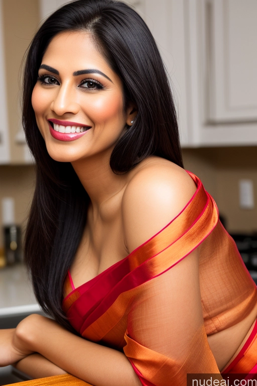 ai nude image of smiling woman in orange sari leaning on a counter with a laptop pics of Model One Fairer Skin Happy Seductive Sexy Face Black Hair Straight Indian Sari Satin 30s Cooking Party