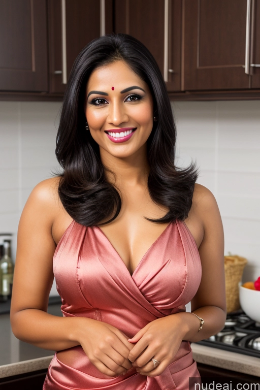 ai nude image of smiling woman in a pink dress standing in a kitchen pics of Model One Fairer Skin Happy Seductive Sexy Face Black Hair Straight Indian Sari Satin 30s Cooking Party