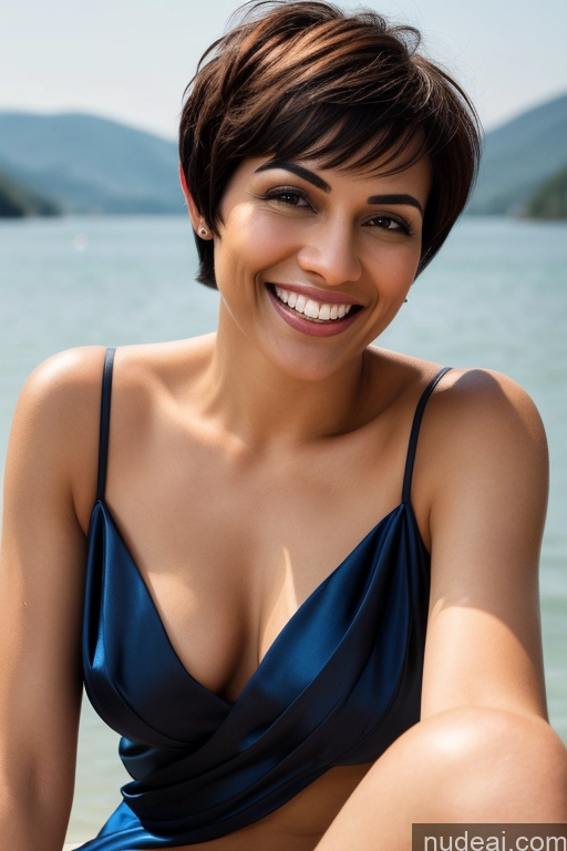 ai nude image of smiling woman in blue dress sitting on the beach near the water pics of Woman Pubic Hair Short Hair 30s Sexy Face Seductive Happy Black Hair Straight Indian Satin Sari Partially Nude Lake