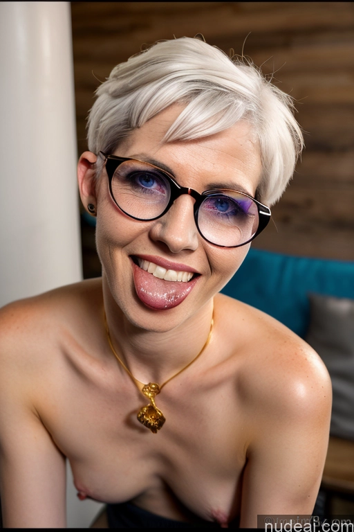 ai nude image of blond woman with glasses and a necklace smiling at the camera pics of Milf One Small Tits Skinny Glasses Short Hair Fairer Skin Womb Tattoos 逼真私密纹身 80s Sexy Face Happy White Hair Messy British 3d Club Front View Licking My Dick Piercing Tongue Nude High Heels Beer Wine Gold Jewelry Detailed