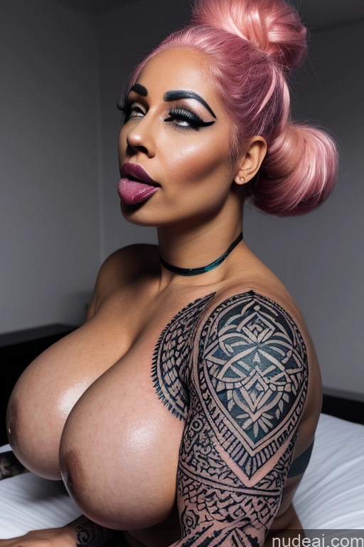 ai nude image of arafed woman with pink hair and tattoos on her chest pics of One Huge Boobs Thick Ahegao Pink Hair Pigtails Asian Fishnet Topless Muscular Tattoos