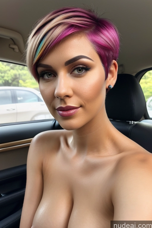 ai nude image of arafed woman with pink hair sitting in a car with a pink top pics of Egyptian Close-up View Rainbow Haired Girl Car Short Hair Busty Perfect Boobs Slicked Nude Latex Sorority