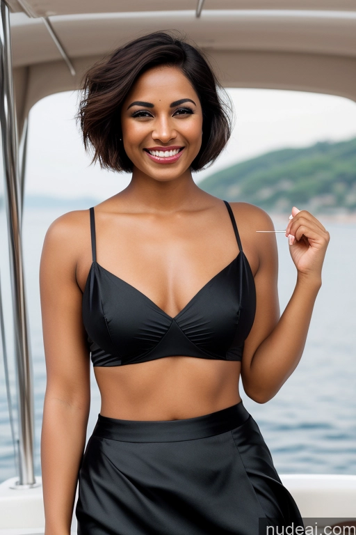 ai nude image of araffe woman in a black bikini top and skirt on a boat pics of Woman One Pubic Hair 30s Happy Seductive Sexy Face Black Hair Straight Indian Eating Long Skirt Satin Sari Topless Partially Nude Transparent Wine Short Hair Yacht Fairer Skin Dark Skin