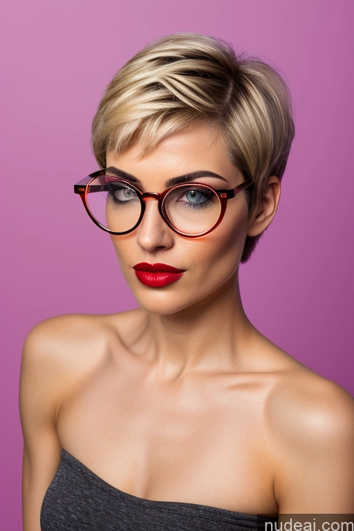 ai nude image of blond woman with glasses and red lipstick posing for a picture pics of Small Tits Beautiful Glasses Lipstick Small Ass Skinny Perfect Body Short Hair Fairer Skin Topless Blonde 40s Seductive Front View Mirror Selfie Nude Bright Lighting Bobcut