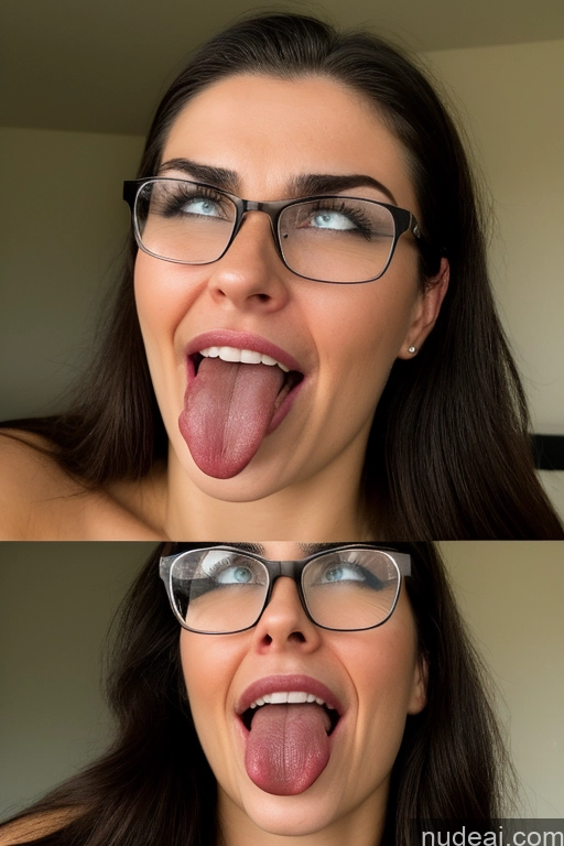 ai nude image of arafed woman with glasses making a funny face with her tongue pics of Orgasm Seductive Pouting Lips Shocked Laughing Serious Sexy Face Ahegao Sad Happy Angry 18