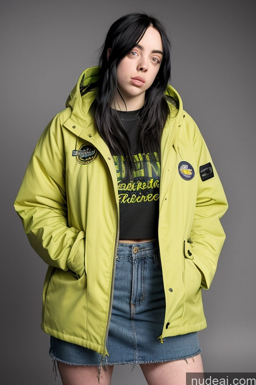 ai nude image of arafed woman in a yellow jacket and denim skirt posing for a picture pics of Model Billie Eilish 18 Busty Perfect Boobs Thick Big Ass Parka Micro Skirt