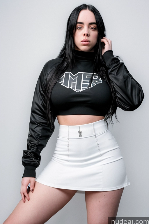 ai nude image of arafed woman in a black top and white skirt posing for a picture pics of Model Billie Eilish 18 Busty Perfect Boobs Thick Big Ass Micro Skirt