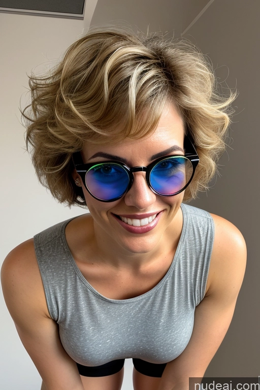 ai nude image of blond woman with sunglasses and a gray tank top smiling pics of Woman Two 20s Short Perfect Boobs Glasses Beautiful Perfect Body Short Hair Happy Blonde Hair Bun Russian 3d Bedroom Front View Spreading Legs Nude Detailed Simple