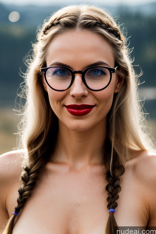 ai nude image of blond woman with glasses and braids posing for a picture pics of Woman One Perfect Boobs Glasses Lipstick Skinny Short Long Hair Oiled Body 20s Happy Blonde Bobcut Russian Vintage Bedroom On Back Nude Topless Bright Lighting Simple