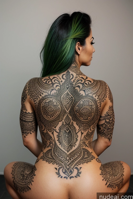 ai nude image of arafed woman with green hair and tattoos sitting on a floor pics of Woman One Perfect Boobs Beautiful Tattoos Big Ass Big Hips Perfect Body Pubic Hair Sexy Face Green Hair Japanese Front View Squatting Nude 20s