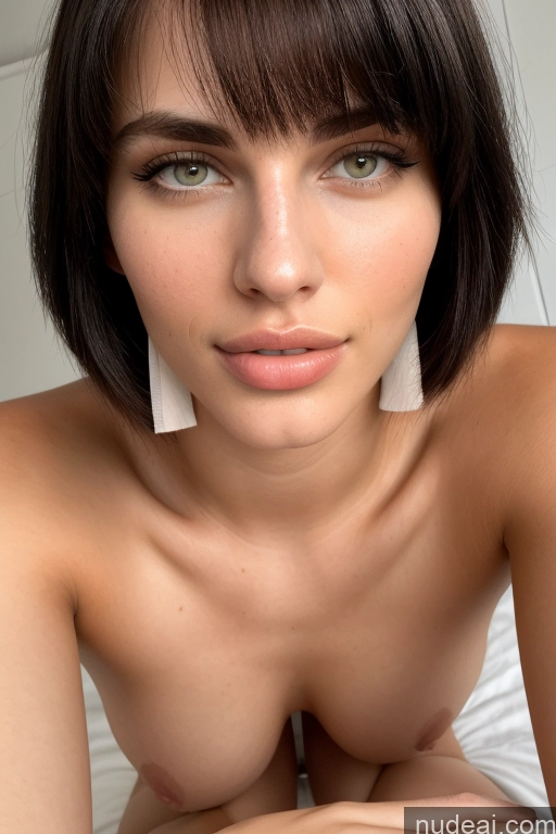 ai nude image of arafed woman with a short hair and a white towel on her head pics of Model 18 Black Hair Bedroom Nude Orgasm Bangs Close-up View Eating White