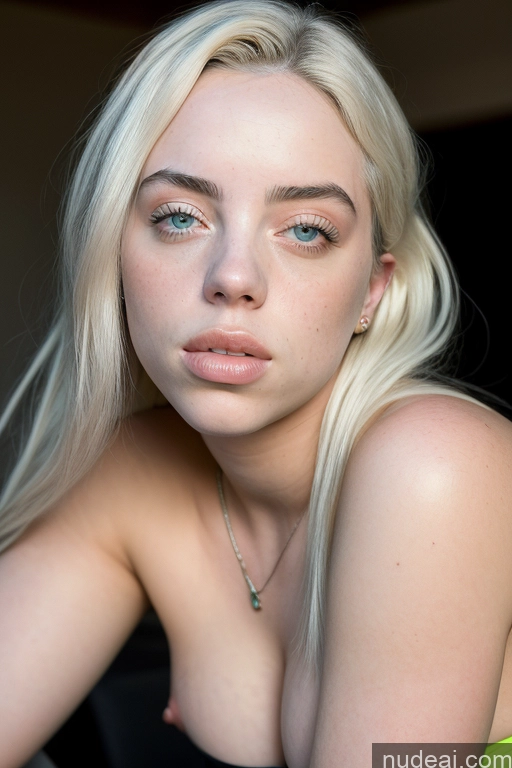 ai nude image of blond woman with blue eyes and a black top posing for a picture pics of Busty Beautiful Big Ass Thick Billie Eilish 18 Topless Detailed Nude Close-up View