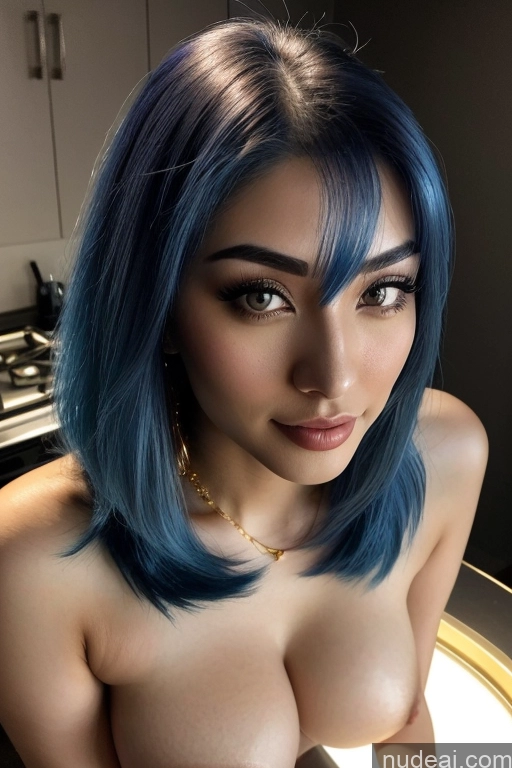 ai nude image of a close up of a woman with blue hair posing for a picture pics of Straight Nude Partially Nude Gold Jewelry Dark Lighting 18 Beautiful Sexy Face Detailed Front View Cooking Blue Hair Several Busty Chinese Warm Anime Woman