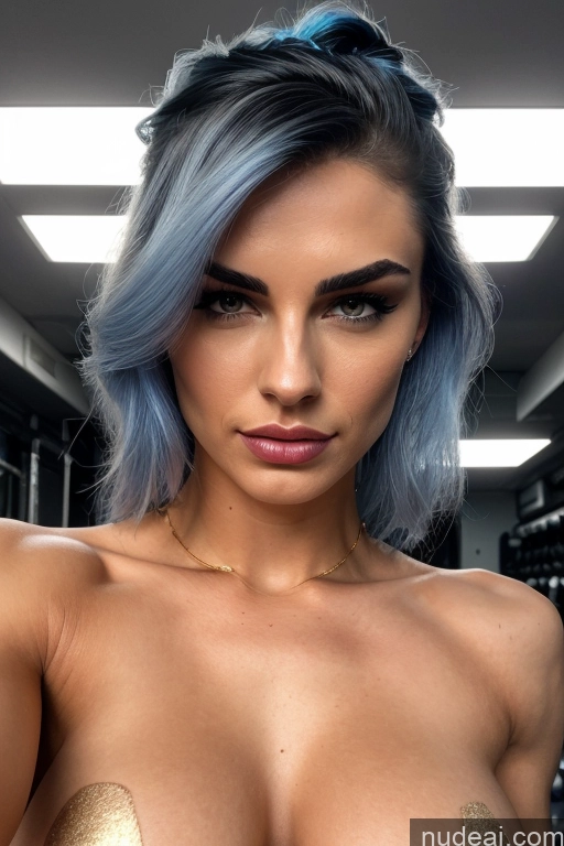 related ai porn images free for Model Abs Perfect Boobs Fairer Skin 18 Pouting Lips Blue Hair Braided White Cyberpunk Front View Gaming Sci-fi Armor Topless Gold Jewelry Dark Lighting Detailed