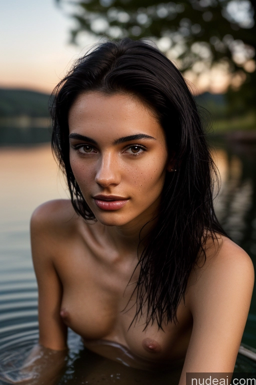 ai nude image of arafed woman in a body of water with a tree in the background pics of Skinny 18 Seductive Black Hair Messy British Fairer Skin Dark Lighting Woman Lake Cumshot Nude Close-up View