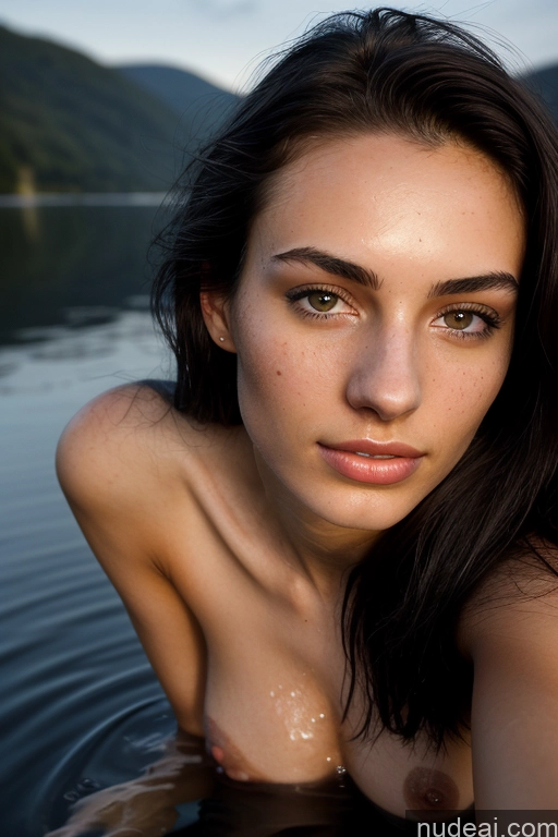 ai nude image of arafed woman in the water with a wet face and no shirt pics of Skinny 18 Seductive Black Hair Messy British Fairer Skin Dark Lighting Woman Lake Nude Close-up View Cumshot