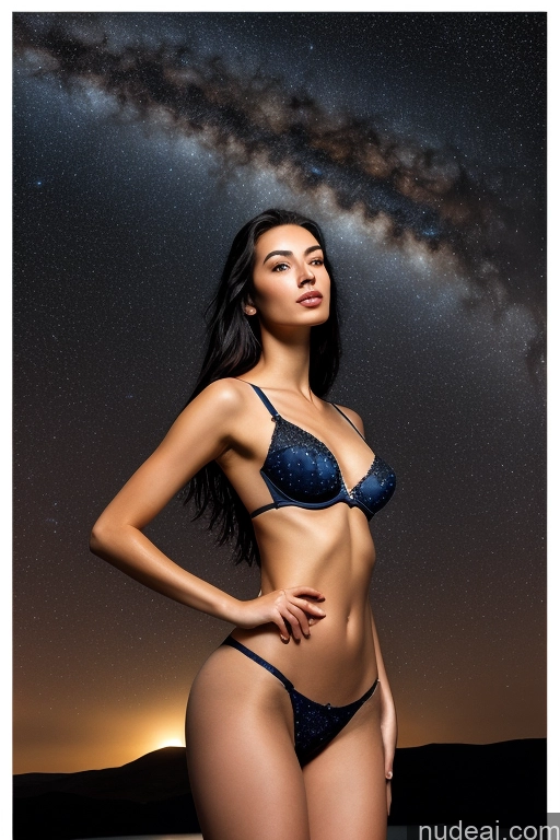 Skinny 18 Seductive Black Hair Messy British Fairer Skin Woman Lake Stargazing Back View Thong Bra