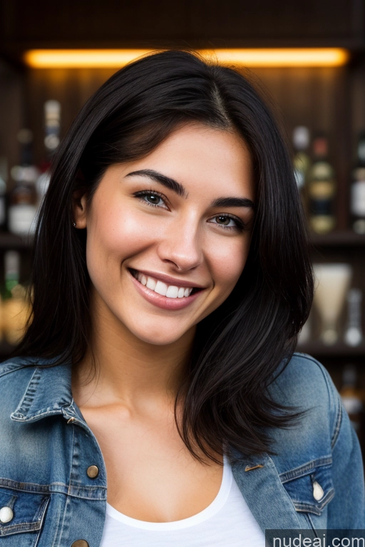 ai nude image of smiling woman in denim jacket with bottle of liquor behind her pics of Skinny 18 Black Hair Messy British Fairer Skin Woman Dark Lighting Happy Bar One Jacket Jeans Front View