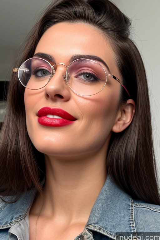 ai nude image of arafed woman wearing glasses and a denim jacket with red lipstick pics of Woman One Perfect Boobs Beautiful Glasses Lipstick Big Hips Orgasm Sexy Face Turkish 18 Happy Pouting Lips Side View