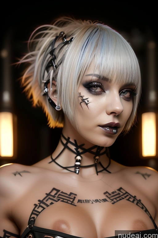 ai nude image of arafed woman with tattoos on her chest and chest pics of Bimbo Close-up View Nude Perfect Boobs Short Hair Gothic Punk Girl Bra Pull Down Rainbow Haired Girl