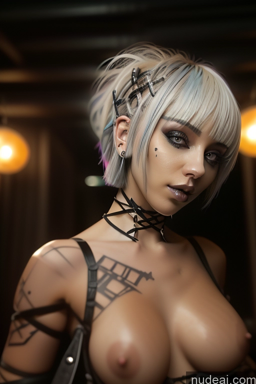 ai nude image of arafed woman with a tattoo on her chest and chest pics of Bimbo Close-up View Nude Perfect Boobs Short Hair Gothic Punk Girl Bra Pull Down Rainbow Haired Girl