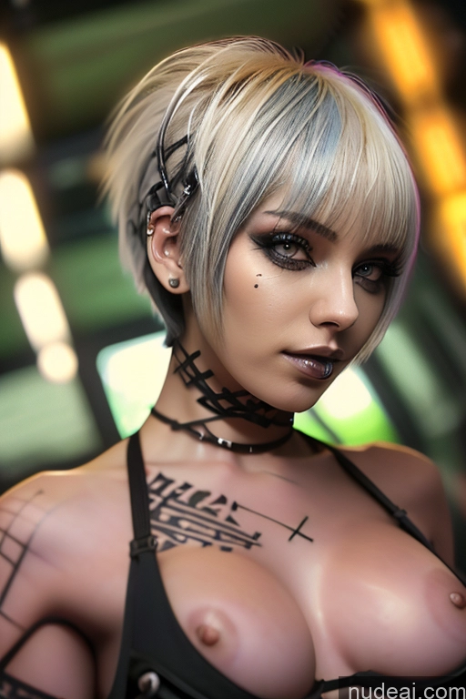 ai nude image of blond haired woman with tattoos and piercings posing for a picture pics of Bimbo Close-up View Nude Perfect Boobs Short Hair Gothic Punk Girl Bra Pull Down Rainbow Haired Girl