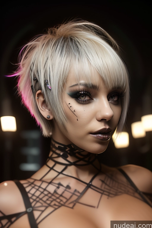 ai nude image of blond woman with black and pink hair and tattoos posing for a picture pics of Bimbo Close-up View Nude Perfect Boobs Short Hair Gothic Punk Girl Bra Pull Down Rainbow Haired Girl