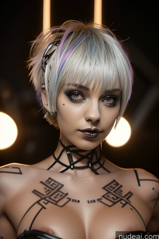 ai nude image of arafed woman with tattoos on her chest and chest pics of Bimbo Close-up View Nude Perfect Boobs Short Hair Gothic Punk Girl Bra Pull Down Rainbow Haired Girl