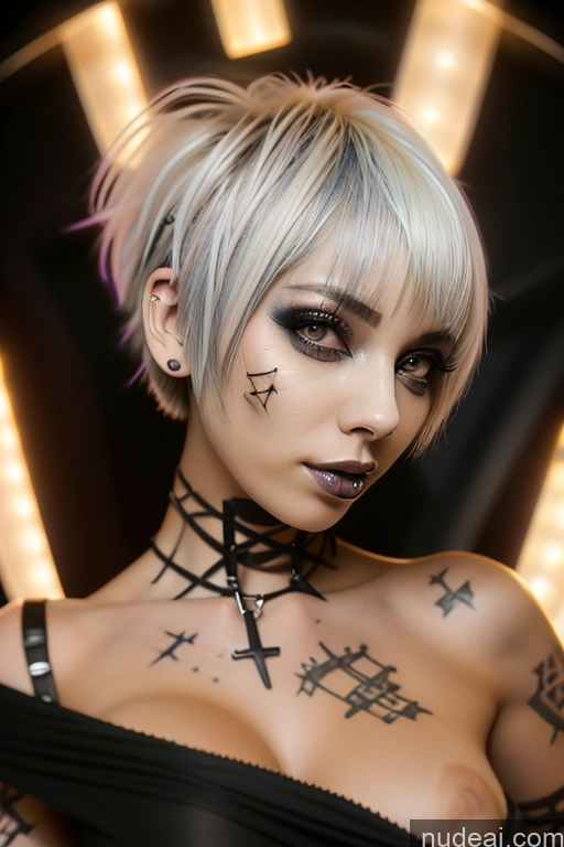 ai nude image of arafed woman with tattoos and piercings posing for a picture pics of Bimbo Close-up View Nude Perfect Boobs Short Hair Gothic Punk Girl Bra Pull Down Rainbow Haired Girl