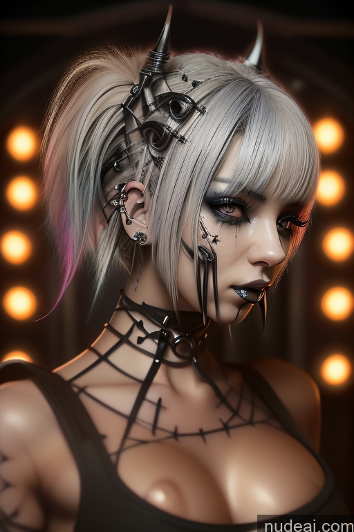 ai nude image of blond woman with horns and piercings posing for a picture pics of Bimbo Close-up View Rainbow Haired Girl Rockstar Hair Perfect Boobs Gothic Punk Girl Bra Pull Down