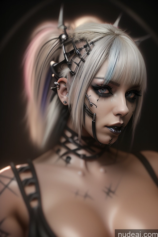 ai nude image of blond woman with spiked headpiece and piercings posing for a picture pics of Bimbo Close-up View Rainbow Haired Girl Rockstar Hair Perfect Boobs Gothic Punk Girl Bra Pull Down