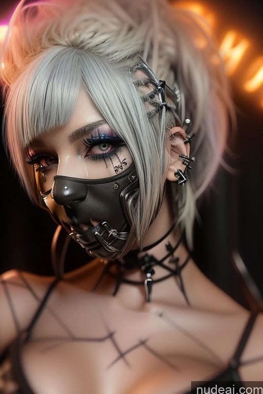 ai nude image of arafed woman with a mask and a chain around her neck pics of Bimbo Close-up View Rainbow Haired Girl Rockstar Hair Perfect Boobs Gothic Punk Girl Bra Pull Down