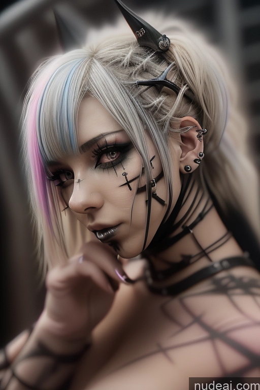 ai nude image of blond woman with black and pink hair and piercings posing for a picture pics of Bimbo Close-up View Rainbow Haired Girl Rockstar Hair Perfect Boobs Gothic Punk Girl Bra Pull Down