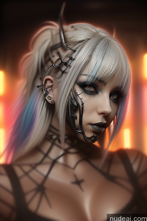 ai nude image of blond woman with blue eyes and black and white makeup posing pics of Bimbo Close-up View Rainbow Haired Girl Rockstar Hair Perfect Boobs Gothic Punk Girl Bra Pull Down