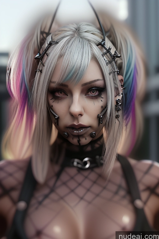 ai nude image of blond woman with colorful hair and piercings posing for a picture pics of Bimbo Close-up View Rainbow Haired Girl Rockstar Hair Perfect Boobs Gothic Punk Girl Bra Pull Down