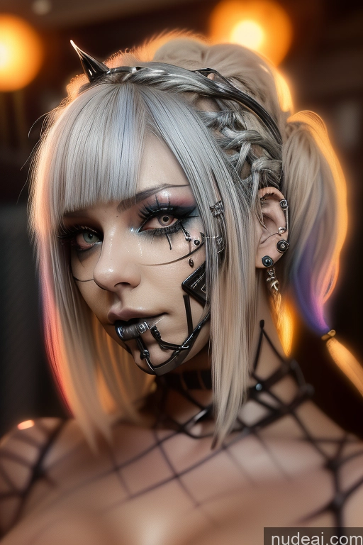 ai nude image of blond woman with black and white makeup and piercings posing for a picture pics of Bimbo Close-up View Rainbow Haired Girl Perfect Boobs Gothic Punk Girl Bra Pull Down Braided