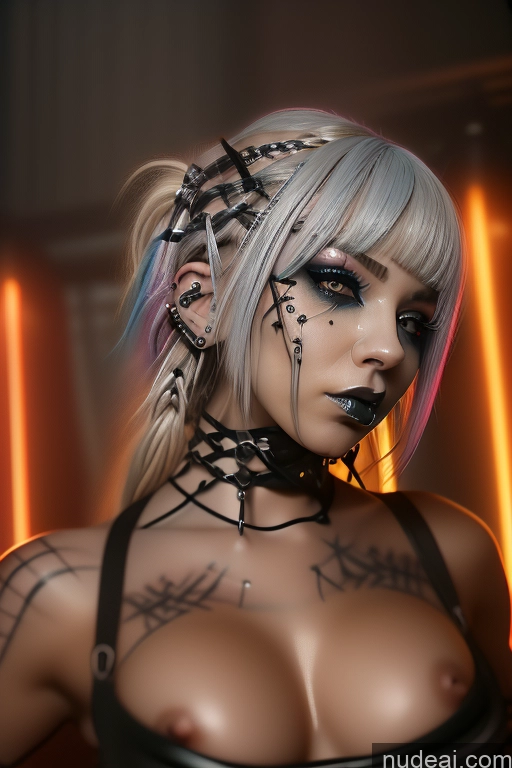 ai nude image of blond woman with black and silver makeup and piercings posing for a picture pics of Bimbo Close-up View Rainbow Haired Girl Perfect Boobs Gothic Punk Girl Bra Pull Down Braided Cute Monster