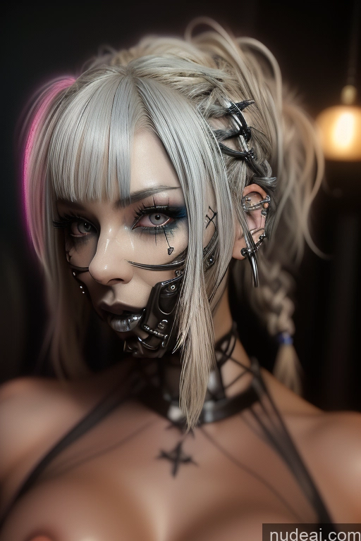 ai nude image of blond woman with black and silver makeup and piercings posing for a picture pics of Bimbo Close-up View Rainbow Haired Girl Perfect Boobs Gothic Punk Girl Bra Pull Down Braided Dream Mecha Girl