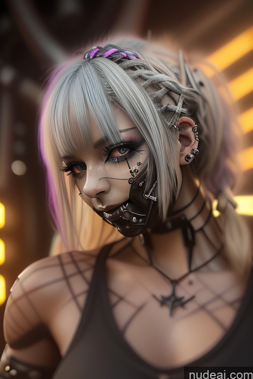 ai nude image of blond woman with black and purple makeup and piercings posing for a picture pics of Bimbo Close-up View Rainbow Haired Girl Perfect Boobs Gothic Punk Girl Bra Pull Down Braided Dream Mecha Girl