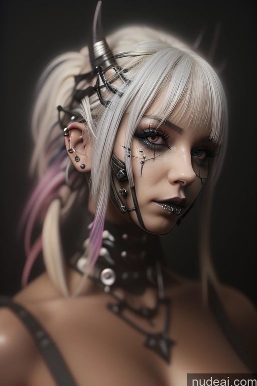 ai nude image of blond woman with horns and piercings posing for a picture pics of Bimbo Close-up View Rainbow Haired Girl Perfect Boobs Gothic Punk Girl Bra Pull Down Braided Dream Mecha Girl