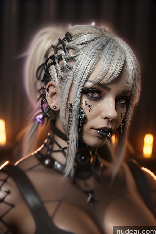 ai nude image of blond woman with black and silver makeup and piercings posing for a picture pics of Bimbo Close-up View Rainbow Haired Girl Perfect Boobs Gothic Punk Girl Bra Pull Down Braided Dream Mecha Girl