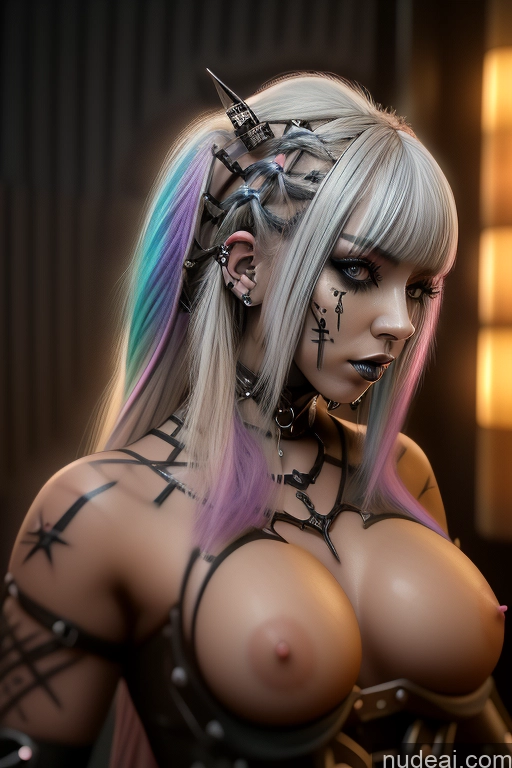 ai nude image of arafed woman with a pink and blue hair and piercings pics of Bimbo Close-up View Rainbow Haired Girl Perfect Boobs Gothic Punk Girl Bra Pull Down Braided Dream Mecha Girl