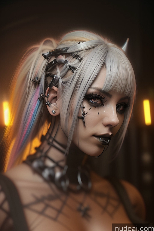 ai nude image of blond woman with black and white makeup and piercings posing for a picture pics of Bimbo Close-up View Rainbow Haired Girl Perfect Boobs Gothic Punk Girl Bra Pull Down Braided Dream Mecha Girl