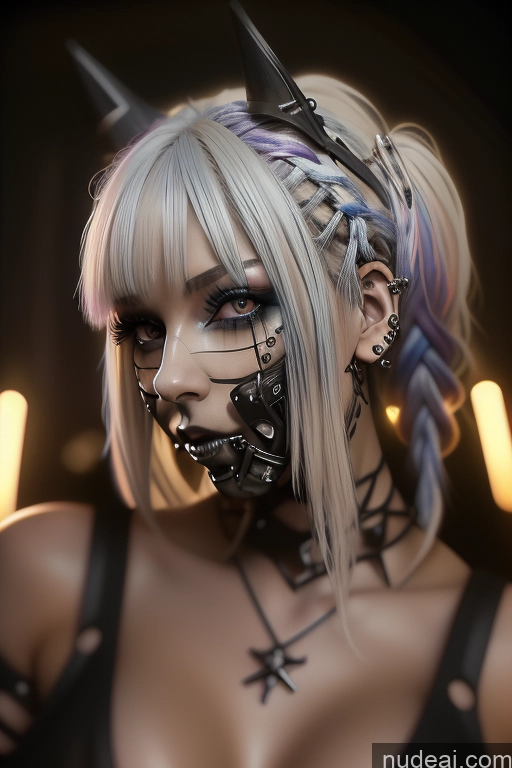 ai nude image of blond woman with spiked headpiece and piercings posing for a picture pics of Bimbo Close-up View Rainbow Haired Girl Perfect Boobs Gothic Punk Girl Bra Pull Down Braided Dream Mecha Girl