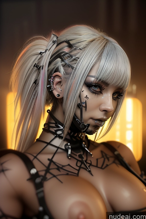 ai nude image of blond woman with black and white makeup and piercings posing pics of Bimbo Close-up View Rainbow Haired Girl Perfect Boobs Bra Pull Down Braided Dream Mecha Girl Gothic Punk Girl