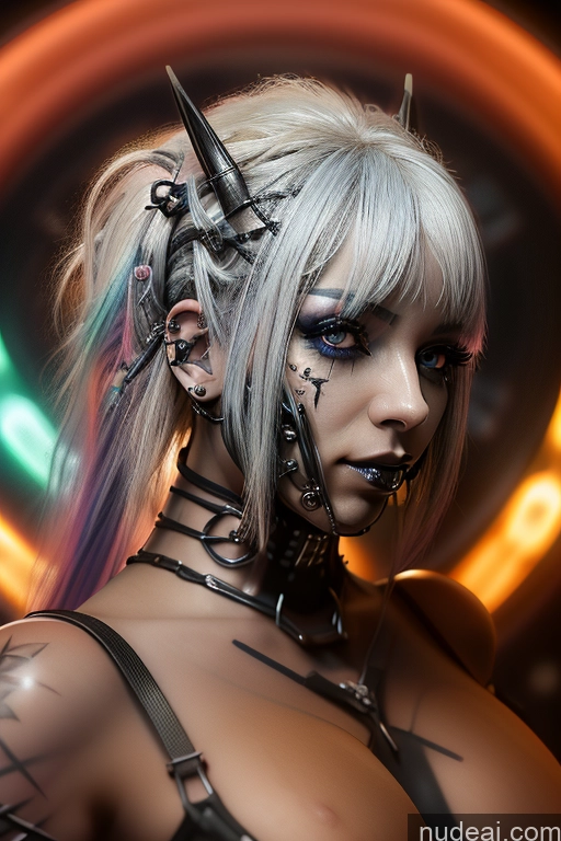 ai nude image of blond woman with spiked ears and piercings posing for a picture pics of Bimbo Close-up View Rainbow Haired Girl Perfect Boobs Bra Pull Down Braided Dream Mecha Girl Gothic Punk Girl