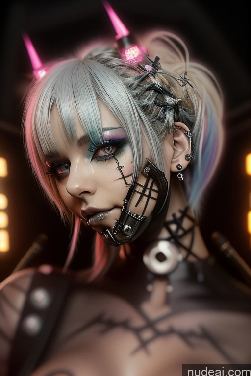 ai nude image of there is a woman with a skeleton face and horns on her head pics of Bimbo Close-up View Rainbow Haired Girl Perfect Boobs Bra Pull Down Braided Dream Mecha Girl Gothic Punk Girl